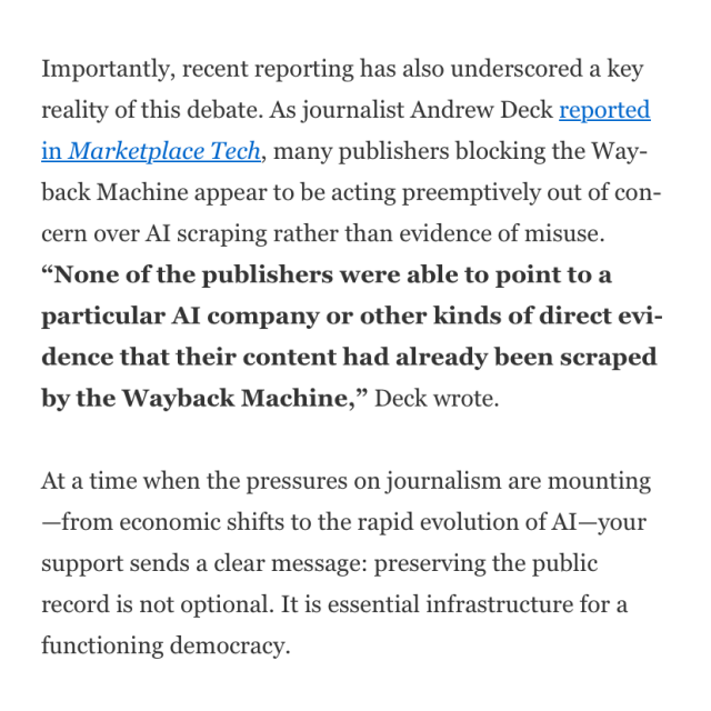 Screenshot of a section of Mark Graham's letter citing Marketplace Tech reporting that publishers blocking the Wayback Machine appear to be acting on AI concerns rather than evidence of actual misuse.