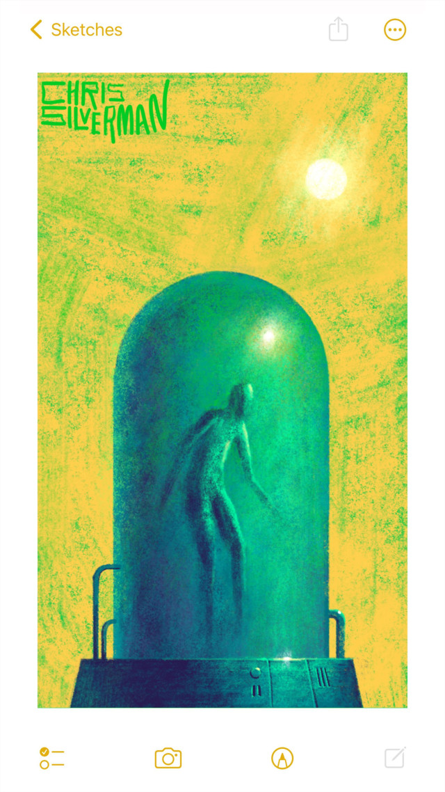 A bright yellow sky with a bright white sun. Beneath it is a green glass cylinder with a domed top, the sort of thing that wealthy 19th-century chaps who dabbled in science kept their sinister biological curios in. This one looks a little more contemporary—maybe even futuristic, with a few pipes going into it and a greenish metal base with some vents and dials. A person or being of some sort is dimly visible through the glass. The painting is signed "Chris Silverman".