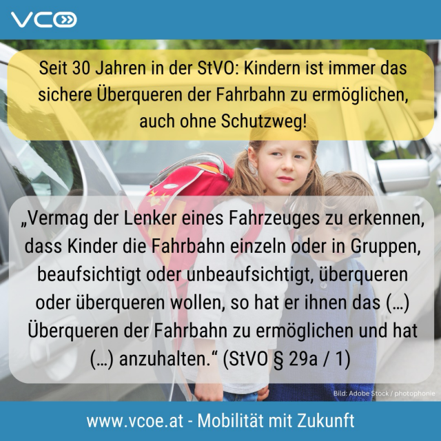 Sujet mit Foto von 2 Kindern im Hintergrund und davor der Text: Seit 30 Jahren in der StVO: Kindern ist immer das sichere Überqueren der Fahrbahn zu ermöglichen, auch ohne Schutzweg. Und weiterer Textblock mit Zitat auf StVO §29a/1: "Vermag der Lenker eines Fahrzeugs zu erkennen, dass Kinder die Fahrbahn einzeln oder in Gruppen, beaufsichtigt oder unbeaufsichtigt, überqueren oder überqueren wollen, so hat er ihnen  das (...) Überqueren der Fahrbahn zu ermöglichen und hat (...) anzuhalten."