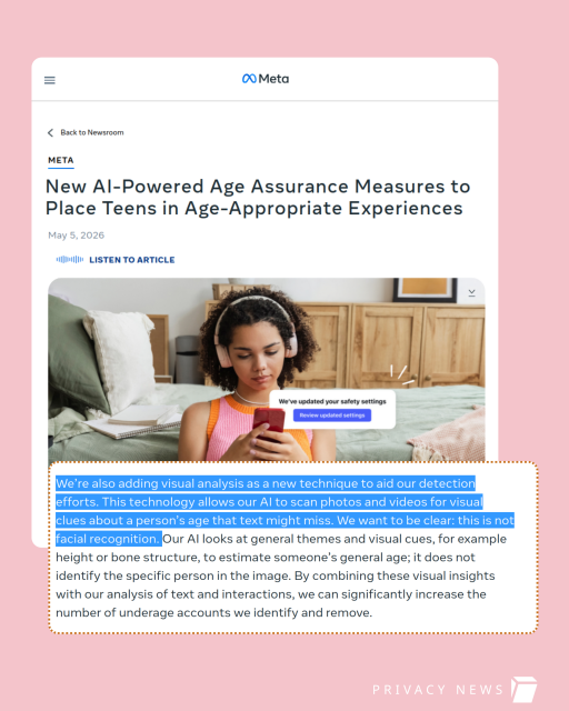 Image shows a screenshot of Meta's news announcing new AI-powered age assurance measures