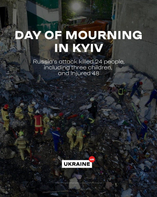 Day of Mourning in Kyiv: Rescue workers in yellow and blue gear search rubble at a collapsed building after russia's attack killed 24, injured 48. Photo: State Emergency Service of Ukraine.