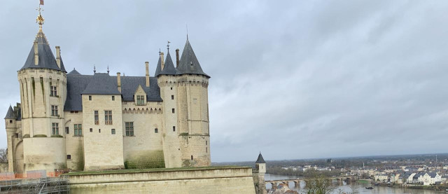 Sur les hauteurs à Saumur, à gauche le château, plus bas le pont ancien (reconstruit) qui relie l'île sur La Loire au centre ville. Pont détruit pour empêcher l'avancement des connards pendant la 2e guerre.