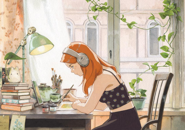 a traditional painting inspired by lofi-girl