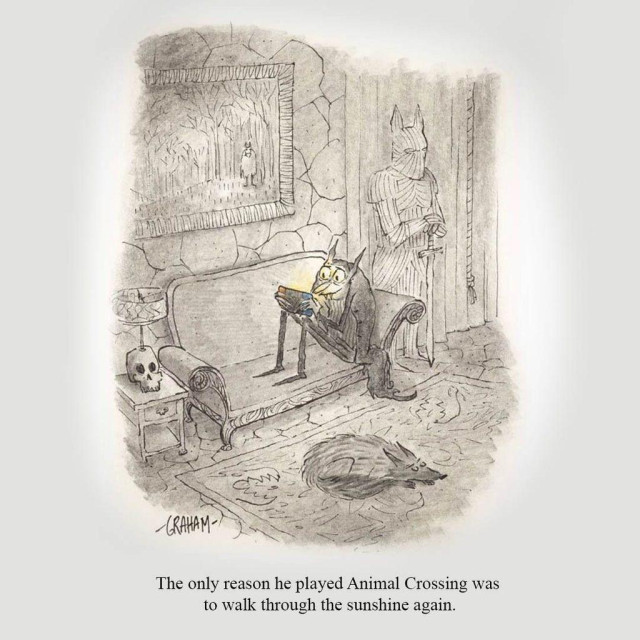 A cartoon illustration of a bittersweet looking vampire playing his nintendo switch in a gothic castle. Caption reads "The only reason he played Animal Crossing was to walk through the sunshine again."