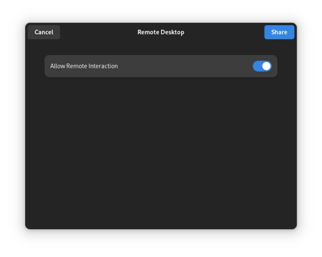 Gnome window titled "Remote Desktop" with "Cancel" and "Share" buttons and a toggle (on) "Allow Remote Interaction"
