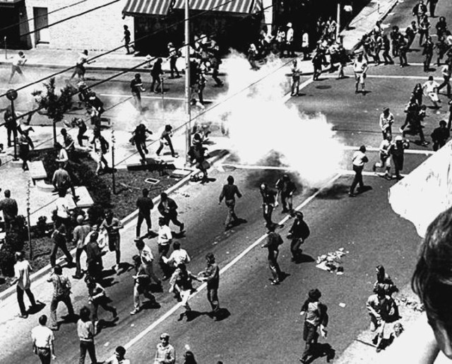 Image shows a street battle between activists and cops on Bloody Thursday, May 15, 1969, when cops killed James Rector.
