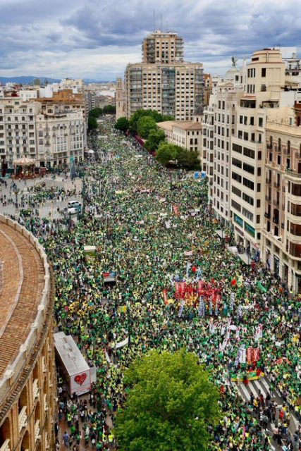 Aerial image of gigantic crowds filling the streets of central Valencia