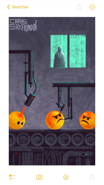 An assembly line in a drab gray room. Yellow spheres sit on a conveyor belt. Below the conveyor belt are various wires and machinery. Above the conveyor belt are robotic arms that spray red paint and draw eyebrows and frowns on the spheres, transforming them into the "angry" emoji one sees on Facebook. Above, a figure wearing a suit and tie observes from a glowing green window. The painting is signed "Chris Silverman".