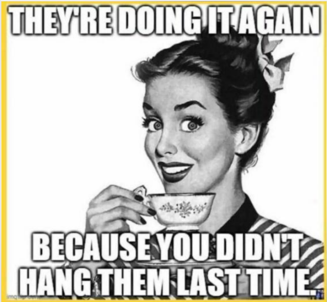 50s ad for coffee with a smiling woman holding a cup and saucer with the meme text: They’re doing it again because you didn’t hang them the last time. 