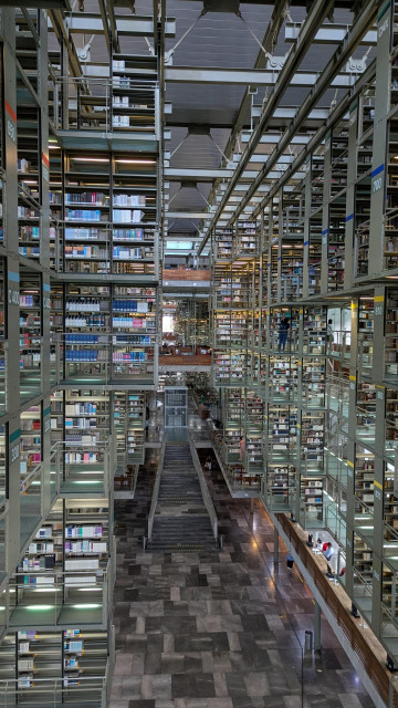 Portrait orientation pic from an upper floor of the library - which has translucent glass flooring and floors and portions suspended from the ceiling and steel beams stretching all through the inside. 
Biblioteca Vasconcelos in Mexico City