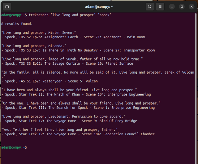 A bash shell. I've typed a command and the program is displaying all the time Spock says "Live long and prosper."