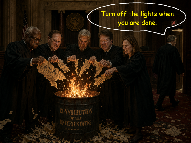 Clarence Thomas, Samuel Alito, Neil Gorsuch, Brett Kavanaugh, Amy Coney Barrett stand around a burn barrel tearing up pieces of the US constitution then tossing the paper into the barrel.  John Roberts leaves the room and says, "Turn off the lights when you are done."