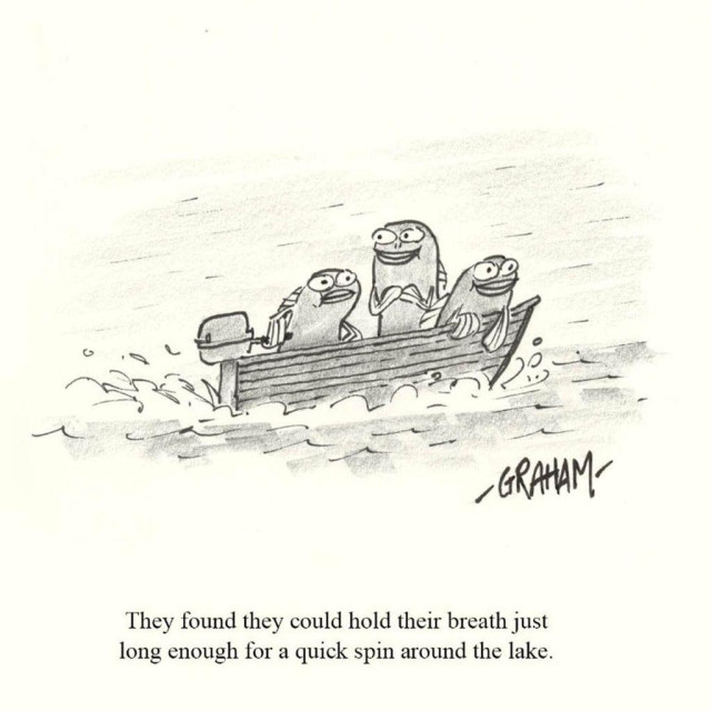 A cartoon illustration of three fish in a motor boat holding their breath and riding around. Caption reads "They found they could hold their breath just long enough for a quick spin around the lake."