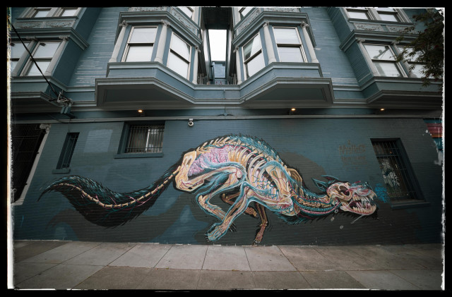 A 25 fool-long mural on the side of a Victorian apartment building in the Haight Ashbury... depicting a cross between a snapping coyote and evil demon racing down the block at full speed... with skeleton bones showing, internal organs revealed, and teeth bared.

Not a nice doggy.