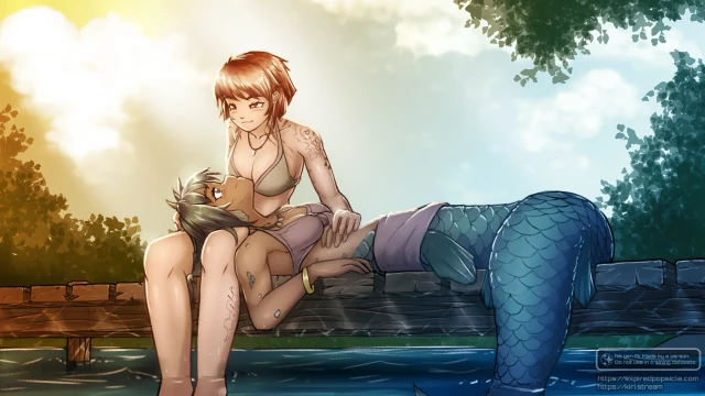 A digital illustration of a human and a mermaid on a shallow pier. The mermaid is resting with her head on the human girl's lap. The human girl's legs and the mermaid's tail are dipped into the water. They're looking into each others' eyes.

The human has a tattoo of an estrogen molecule on her leg.