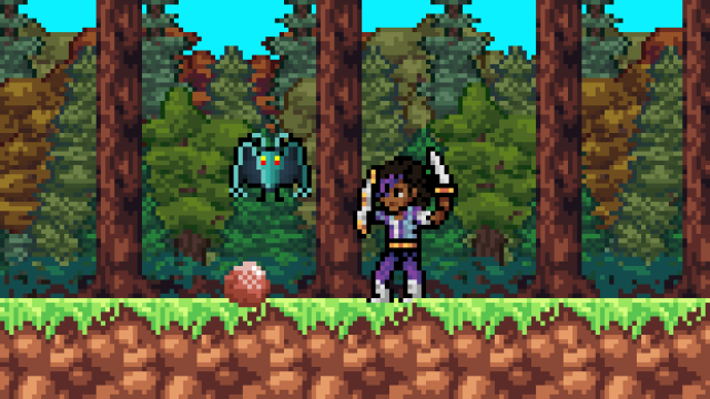 Screenshot of Enigma Heart. Zalia, the main character, swings her sword at a bat-like creature hovering in the air, while a rock rolls along the ground toward her feet