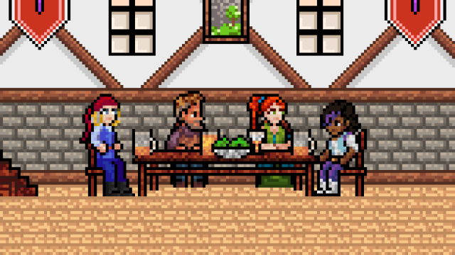 Zalia and her friends, sitting around a table enjoying food and drink.