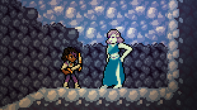 Zalia inside an icy cave, standing before a blue-skinned woman with purple hair and wearing a blue dress with a slit up the side. Her hand is on her hip, her hair is in a bob, and she sparkles. She looks like a cross between a belly dancer and a flapper girl from the 1920s. Oh, and she's twice Zalia's height.