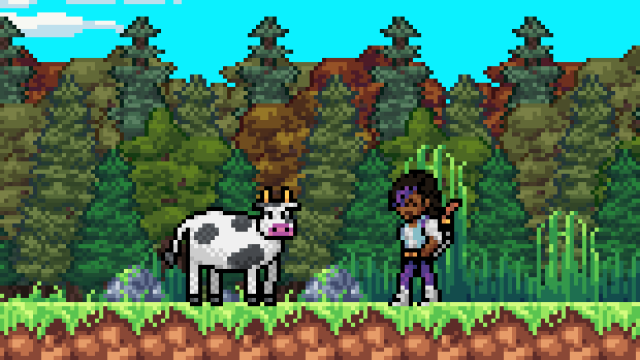 Zalia standing in a forest clearing in daytime. She's laughing. In front of her is a cow.