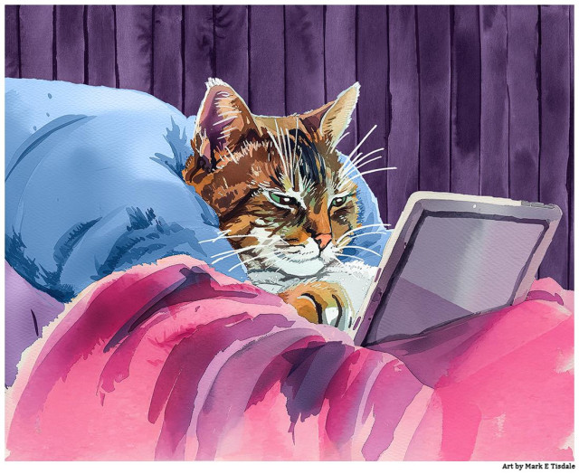 Digital art showing a gray tabby cat lying under a blanket with their head on a pillow. The cat is holding a mobile tablet in their paws - the glow of the screen illuminating their face. The predominant colors are pink blue and purple.
