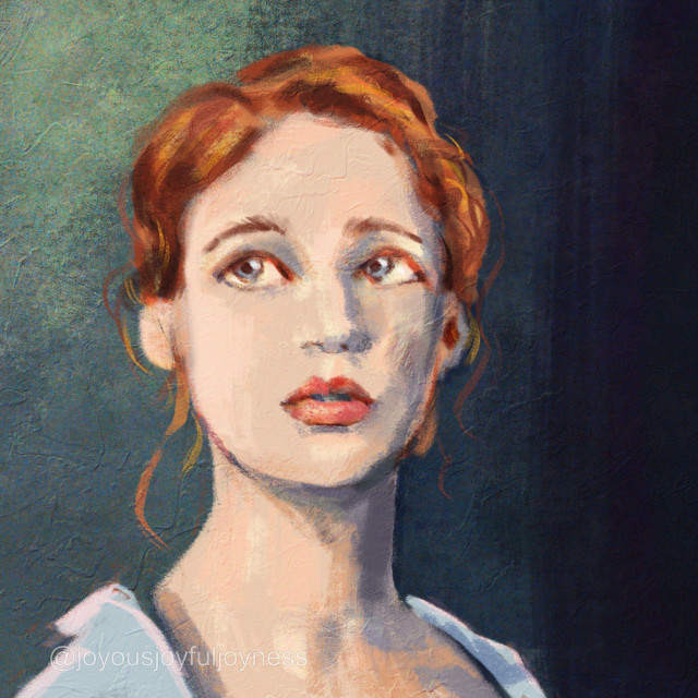 Painting of a redheaded woman with large eyes looking to the upper left. The @joyousjoyfuljoyness watermark is at the bottom left.
