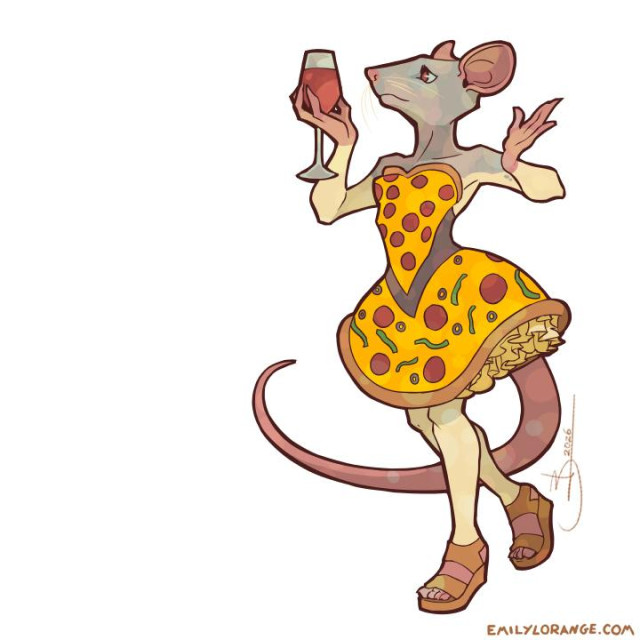 a digital drawing of an anthropomorphic rat on a white background, holding a glass of wine and standing in 3/4 view, as she walks in a dress that has a bodice made of a pizza slice with pepperoni, and a skirt made of an entire circular pizza, with pepperoni, olives, and peppers, and a ruffle underneath the resembles ricotta.

she is of course wearing wedge sandals.