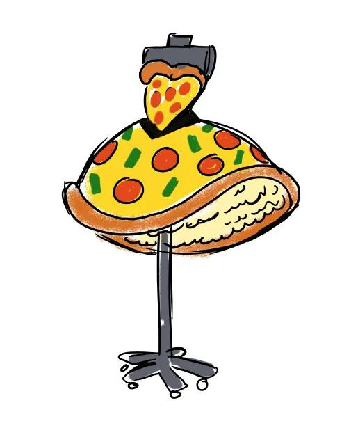 dress that has a bodice made of a pizza slice with pepperoni, and a skirt made of an entire circular pizza, with pepperoni, olives, and peppers, and a ruffle underneath the resembles ricotta
