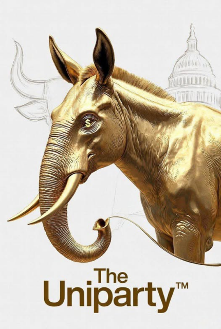 a "mashed" animal drawing, mixing an elephant and a donkey.
Caption below reads, "The Uniparty (TM)"