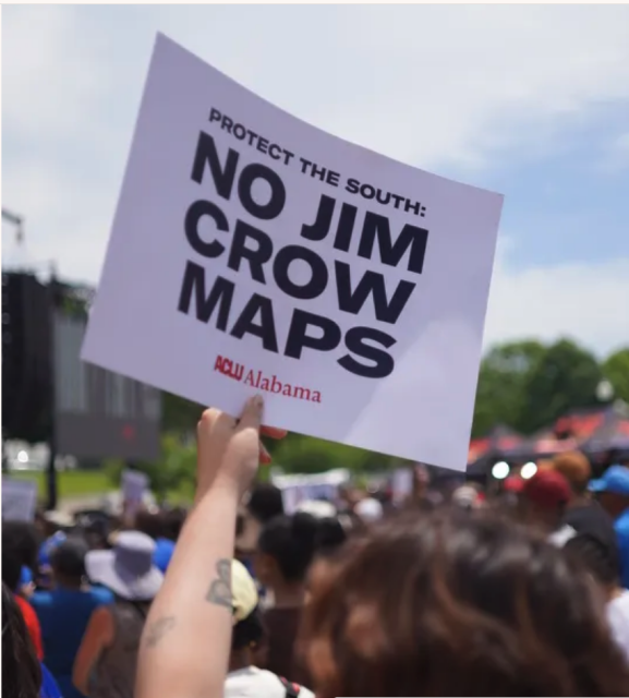 A person in a crowd holds up a white sign that reads "Protect the South NO JIM CROW MAPS" in bold black ink with the words ACLU written in Red ink at the bottom.