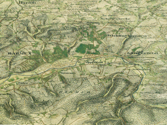 Historische Karte: Wuppertal-Barmen, aufgenommen 1836–1850 (Preußische Uraufnahme). Quelle: Geobasis NRW, Datenlizenz Deutschland Zero 2.0.