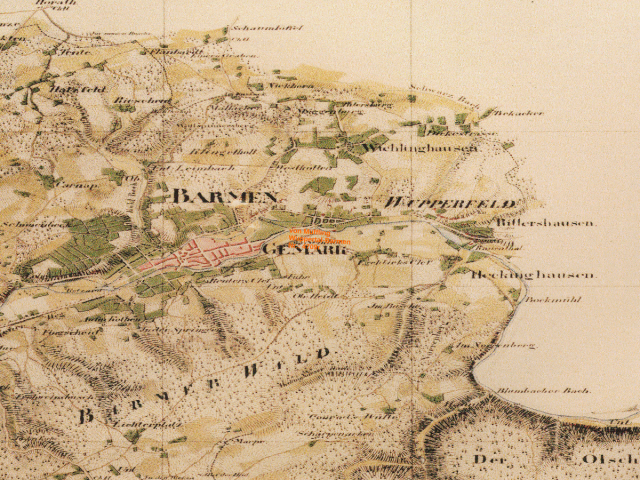 Historische Karte: Wuppertal-Barmen, aufgenommen 1801–1828 (Tranchot-Karte). Quelle: Geobasis NRW, Datenlizenz Deutschland Zero 2.0.