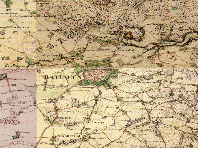 Historische Karte: Ratingen (Innenstadt), aufgenommen 1836–1850 (Preußische Uraufnahme). Quelle: Geobasis NRW, Datenlizenz Deutschland Zero 2.0.