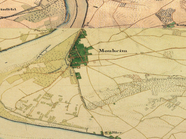 Historische Karte: Monheim am Rhein, aufgenommen 1836–1850 (Preußische Uraufnahme). Quelle: Geobasis NRW, Datenlizenz Deutschland Zero 2.0.