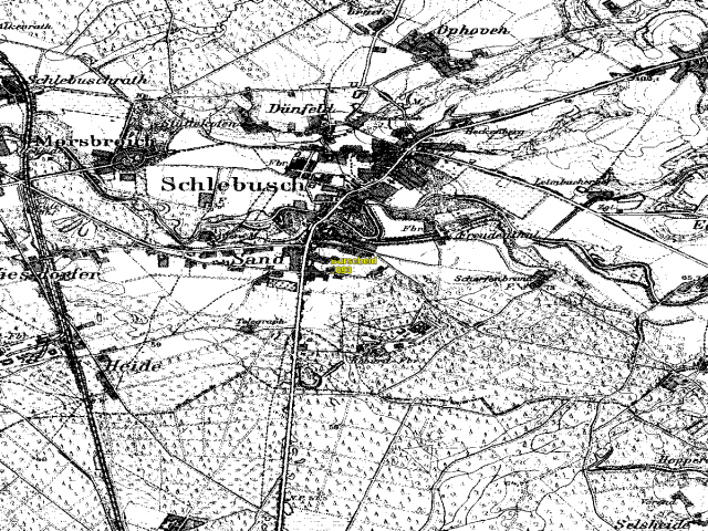 Historische Karte: Leverkusen-Schlebusch, aufgenommen 1891–1912 (Preußische Neuaufnahme). Quelle: Geobasis NRW, Datenlizenz Deutschland Zero 2.0.