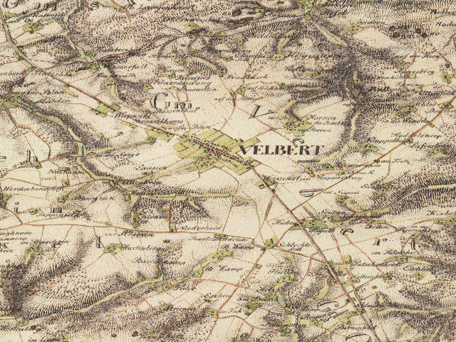 Historische Karte: Velbert (Innenstadt), aufgenommen 1836–1850 (Preußische Uraufnahme). Quelle: Geobasis NRW, Datenlizenz Deutschland Zero 2.0.