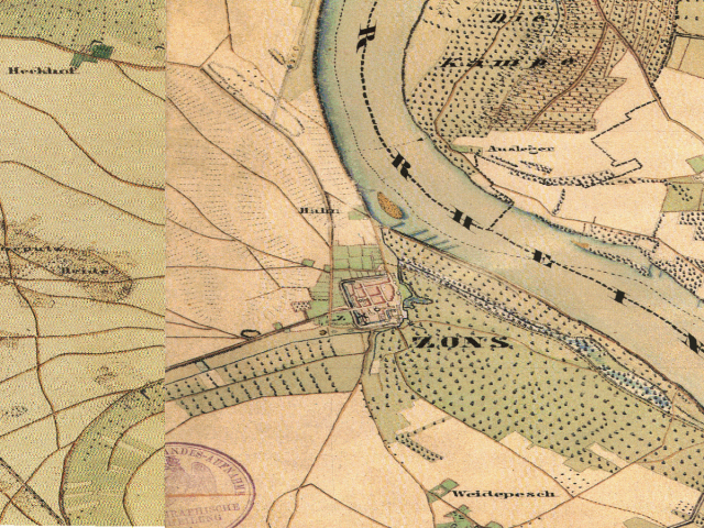 Historische Karte: Zons, aufgenommen 1836–1850 (Preußische Uraufnahme). Quelle: Geobasis NRW, Datenlizenz Deutschland Zero 2.0.
