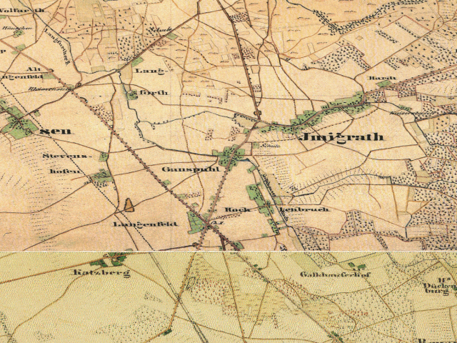Historische Karte: Langenfeld (Rheinland), aufgenommen 1836–1850 (Preußische Uraufnahme). Quelle: Geobasis NRW, Datenlizenz Deutschland Zero 2.0.