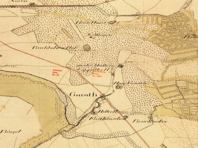 Historische Karte: Düsseldorf-Garath, aufgenommen 1801–1828 (Tranchot-Karte). Quelle: Geobasis NRW, Datenlizenz Deutschland Zero 2.0.