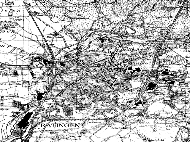 Historische Karte: Ratingen (Innenstadt), aufgenommen 1936–1945 (Topographische Karte TK25). Quelle: Geobasis NRW, Datenlizenz Deutschland Zero 2.0.