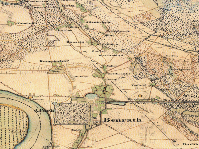 Historische Karte: Düsseldorf-Benrath, aufgenommen 1836–1850 (Preußische Uraufnahme). Quelle: Geobasis NRW, Datenlizenz Deutschland Zero 2.0.