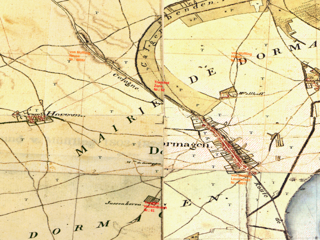 Historische Karte: Dormagen, aufgenommen 1801–1828 (Tranchot-Karte). Quelle: Geobasis NRW, Datenlizenz Deutschland Zero 2.0.