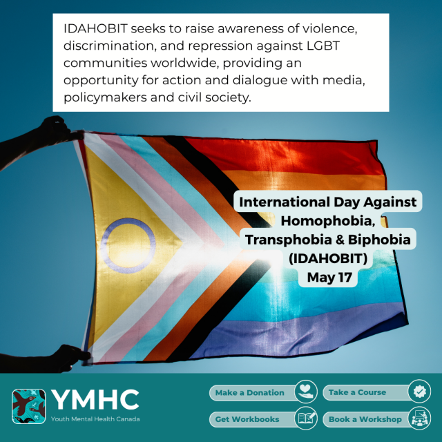 A person's hands holding up a Progress Pride flag against a clear blue sky. Text boxes overlaying the image explain that IDAHOBIT seeks to raise awareness of violence and discrimination against LGBT communities and provide opportunities for action.