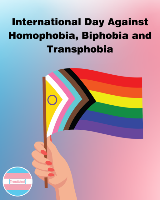 Image shows a hand raising a progress pride flag. Text reads: International day against Homophobia, Biphobia and Transphobia