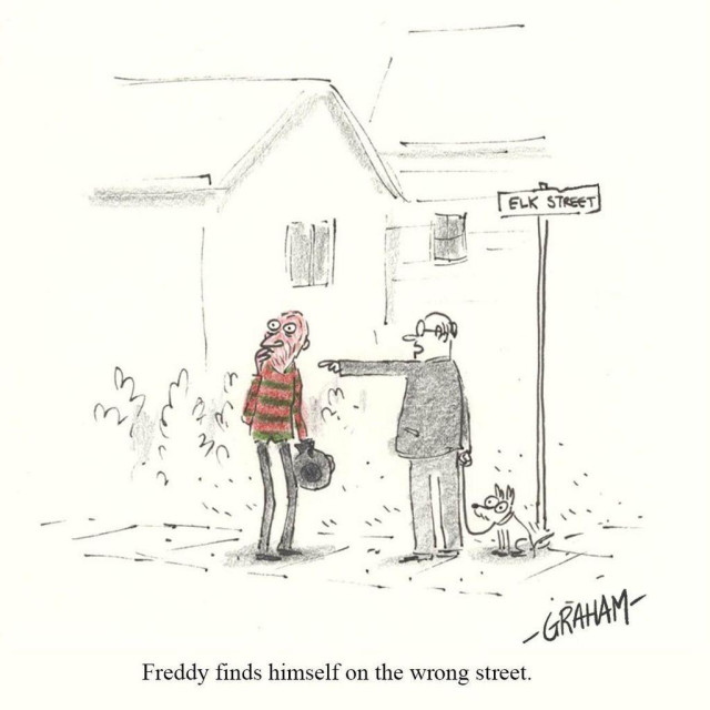 A cartoon illustration of a confused looking Freddy Kreuger getting directions from a man and his dog on Elk Street. Caption reads "Freddy finds himself on the wrong street."