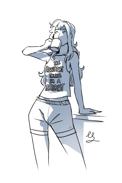 A Molly James cartoon. A trans woman is in shorts and a shirt that says, "The president thinks I'm a terrorist."