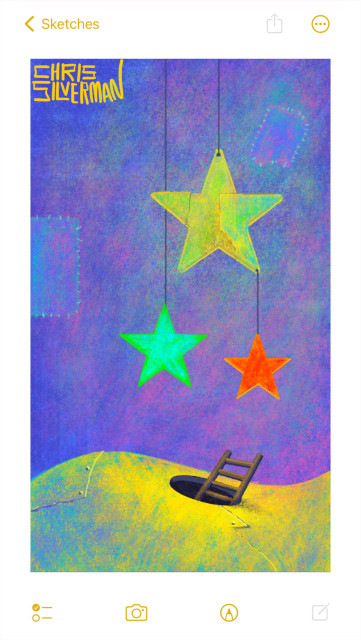 A scene that looks like a clumsily assembled stage set. Two-dimensional colored stars hang from strings against a blue-purple canvas. The canvas has several visible patches.  The stage is a curved yellow-green surface that resembles a hill, with visible seams and a round hatchway in the middle from which a brown ladder is protruding. The painting is signed "Chris Silverman".