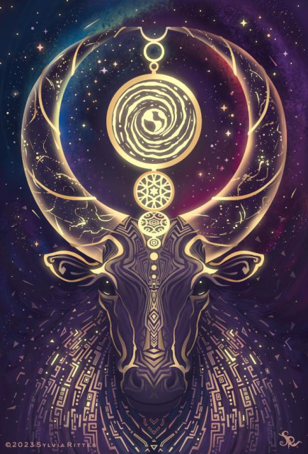 The King of Coins card is depicted in the form of a Watusi bull. This bull is rich, stable, and successful. Covered with gold and other precious metals of the planet Earth, symbolized in the coin above its head. Obsessed with power the king goes beyond earthly riches therefore the universe surrounds this animal with glowing stars and colorful milky ways. Above the coins, we can find the astronomical bull symbol holding horns and coins majestically together. https://www.deviantart.com/sylviaritter/art/King-of-Coins-969260255