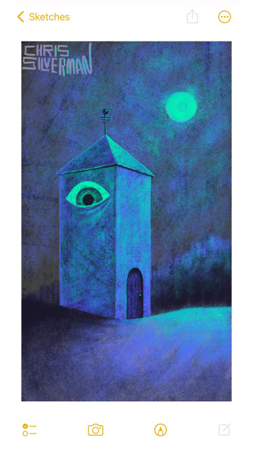 A dark night: a grayish sky, with a bright green full moon. In the foreground is a tall, blocky tower that looks like a tenement building with no windows and only one arched door. On the side facing the viewer is a green, glowing eye. At the pinnacle of the pointed roof is a small rod with a sphere and three crossbars. Behind the tower is a row of trees, illuminated by the moon. This is a primarily indigo and green painting, signed "Chris Silverman".