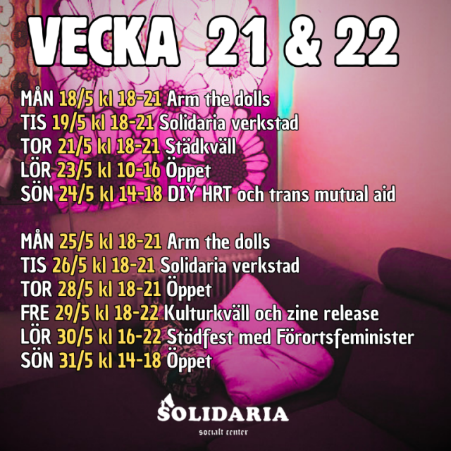 An event schedule graphic for "Solidaria socialt center" covering weeks 21 and 22 (May 18 to May 31). The text is written in Swedish against a pink-toned background showing a cozy indoor seating area with cushions and a floral wall hanging. Listed events include "Arm the dolls," "Solidaria verkstad," "DIY HRT och trans mutual aid," and a culture night with a zine release.

