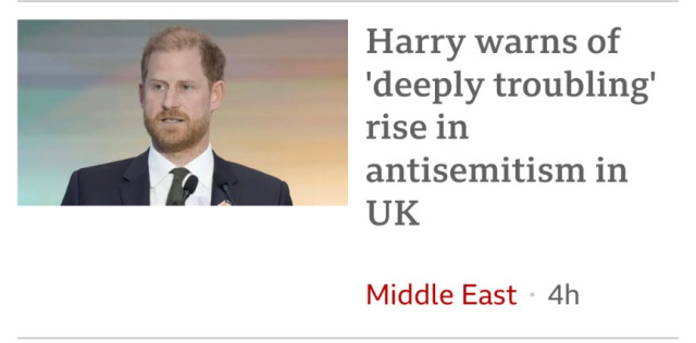 BBC screenshot. Harry warns of 'deeply troubling' rise in antisemitism in UK.
